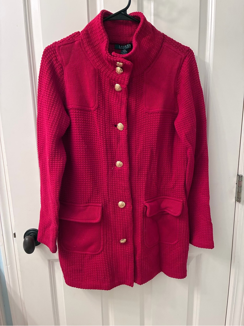 Lauren Ralph Lauren Bright Red Textured-Knit Sweater Jacket